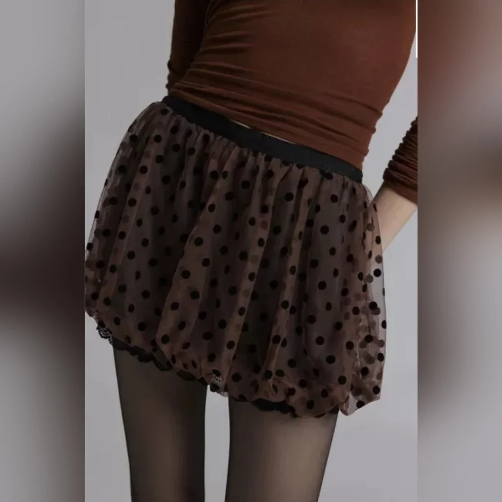 Kimchi Blue Emory Polka Dotted Tulle Bubble Micro Skirt, Brown Black, Size MED